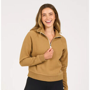 Vuori Women's Restore Half Zip Hoodie Fleece Pullover Mock Neck Wheat Medium